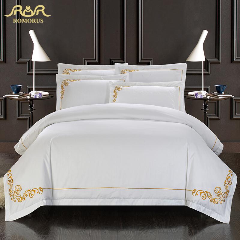 ROMORUS 100% Cotton Tribute Silk Bedding Set White Embroidered Hotel Duvet Cover Set King Queen Size with Bed Sheet Pillowcase