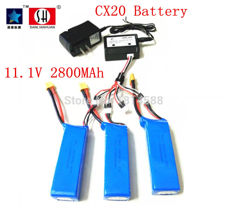 Cheerson CX20 Battery 11.1V 2800MAH-PO lithium 3PCS battery and charger CX 20 CX-20RC quadrocopter parts wholesale free shipping