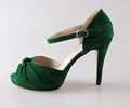 Handmade Christmas green emerald suede sheet leather heel greenery wedding shoes with knot open toe ankle