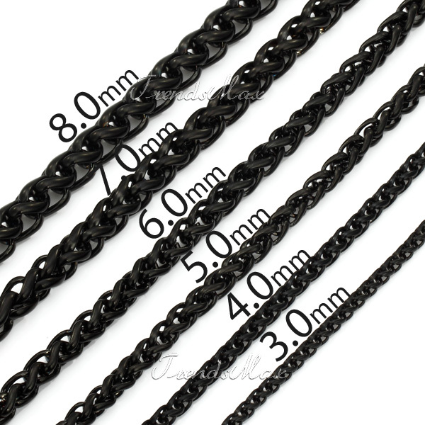 3 4 5 6 7 8mm Braided Wheat Spiga Link Mens Chain Black Tone Stainless Steel