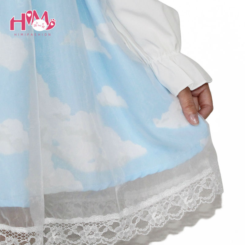 Lolita Dress Casual Cloud Prints Sky Blue Sailor Collar Short Or Long Sleeves Organza Sailor Dress Harajuku Cosplay Veil Dresses (9)