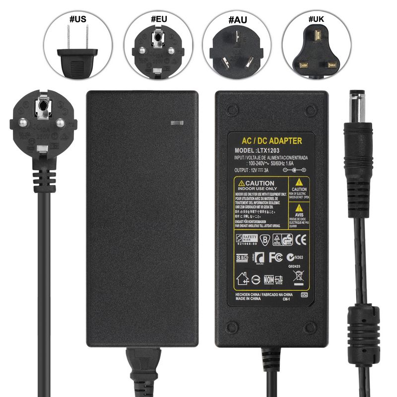 DC12V 3A AC Adapter Power Supply + EU AC Power Cord Cable For 3528 5050 LED Strip Lighting LCD Monitor CCTV
