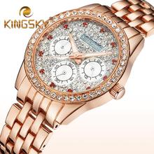 2015 Kingsky Diamond 3 Dials Gold Bracelet Watch Fashion Casual Lady Chain Wristwatch Red Rhinestone Clock