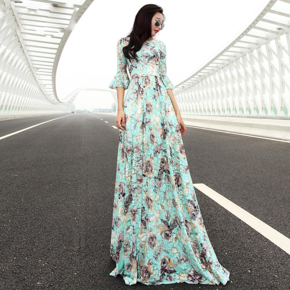 2015 Summer Fashion New Butterfly Sleeve Print Lace Dress Women's Plus Size Maxi Full Dress