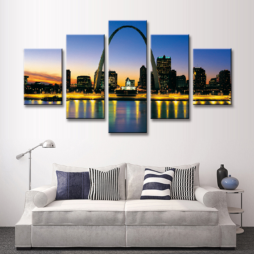 5 Pcs/Set Landscape American City Painting Printed On Canvas Famous Sunset of St. Louis Arch Wall Art Home Decor Painting