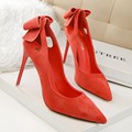 2016 New Summer Pumps Sweet Beauty High Heels Shoes Thin Suede Flock Bow High heeled Pointed