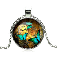 Beautiful Butterfly Glass Cabochon Pendant Necklace Steampunk Clock Art Picture Vintage Bronze Chain Necklace for Women Jewelry