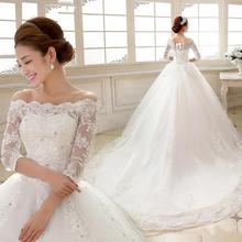 New A Line Sequined Off The Shoulder Three Quarter Sleeve Court Train White Satin Bridal Wedding Dress Wedding Gown 30608