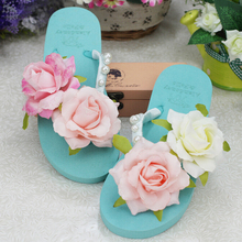 New summer colorfu handmade Artificial Flower Pearl women flip flops Non slip flat casual original beach holiday women slippers