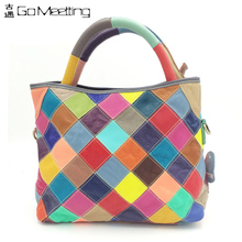 2016 Patchwork Genuine Leather Women’s Handbags Fashion Cowhide Color Grid Women Shoulder Bags Cross Body Messenger Bags WSTB65