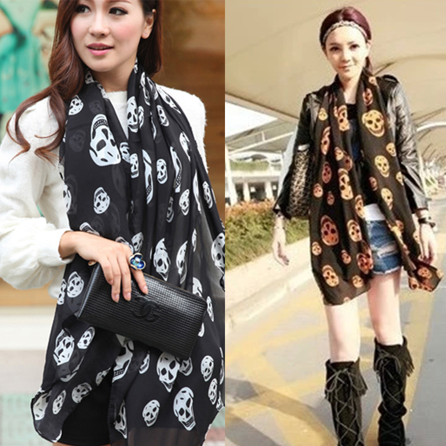 New European Style Fashion Print Silk Scarf Women Adult Skull Kito Pattern Pashmina Brand Chiffon Muffler