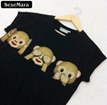 SexeMara Summer Three Monkey Cartoon Tops Black Women O neck Kawaii T shirts Punk Harajuku Short