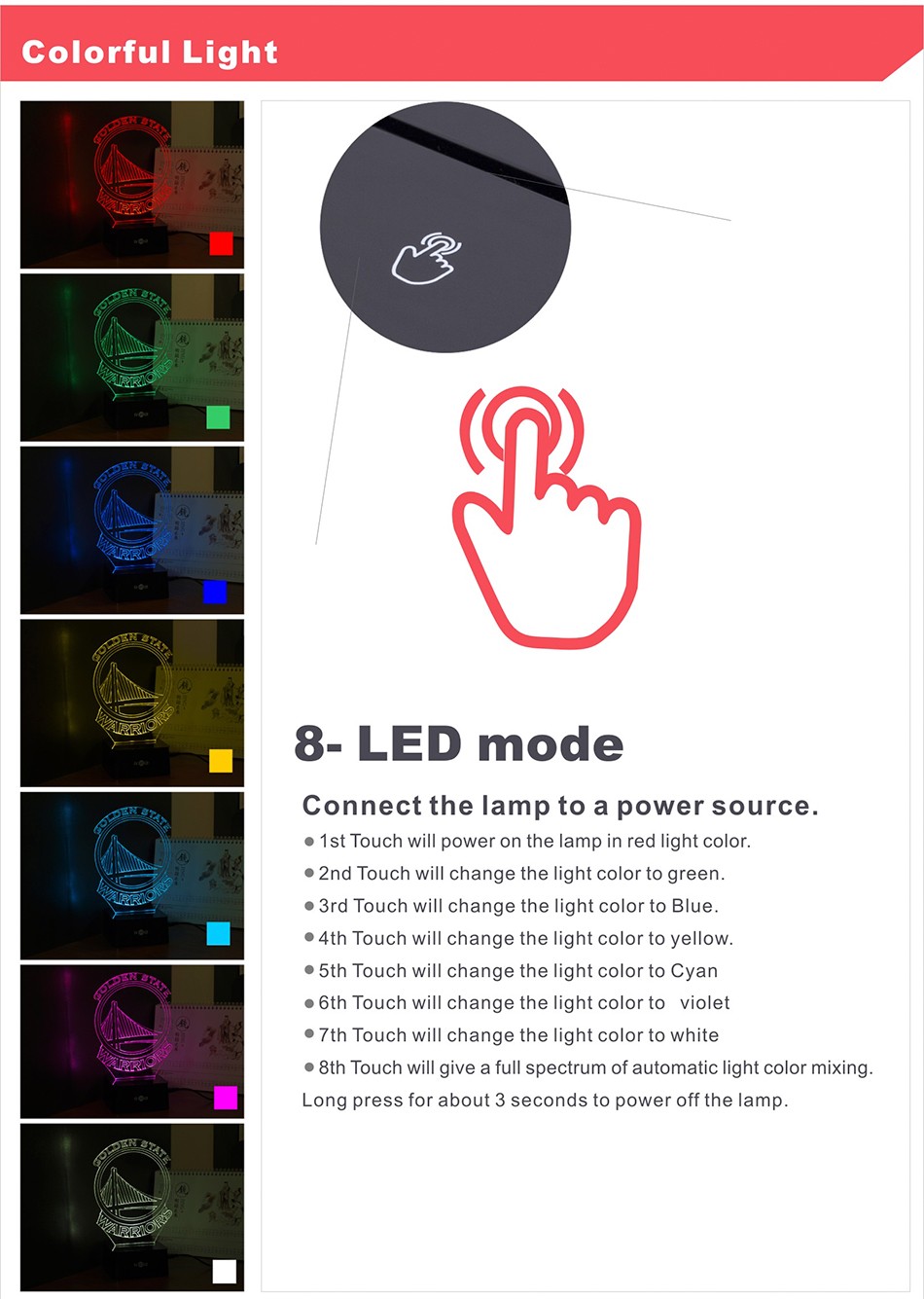 Novelty Christmas Lamps for NBA Warriors 3D RGB Led Lights Lamparas De Mesa (2)