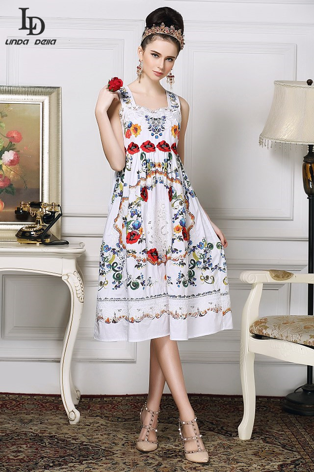 High Quality New Fashion 2016 Summer Runway Knee Length Dress Women's Spaghetti Strap Embroidery Appliques Casual White Dress