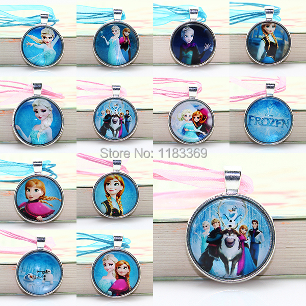 20pcs lot girl Frozen pendant necklace glass cabochon Ribbon Charm statement necklace jewelry for kids gifts