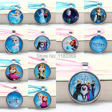 20pcs/lot girl Frozen pendant necklace glass cabochon Ribbon Charm statement necklace jewelry for kids gifts Freeshipping
