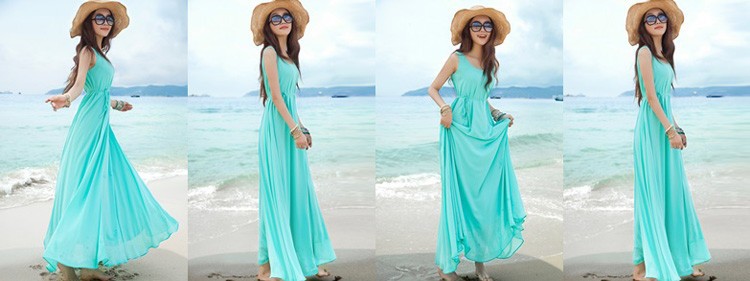 New bohemian pregnant women dress summer loose polyester solid sky blue O-neck sleeveless beach ankle-length maternity dress (3)