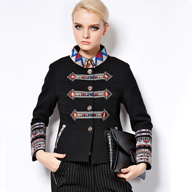 Pro-sale Jacket Autumn Winter 2015 Fashion Runway Brand Women's Elegant Long Sleeve Plus Size Bohemia Embroidery Jacket