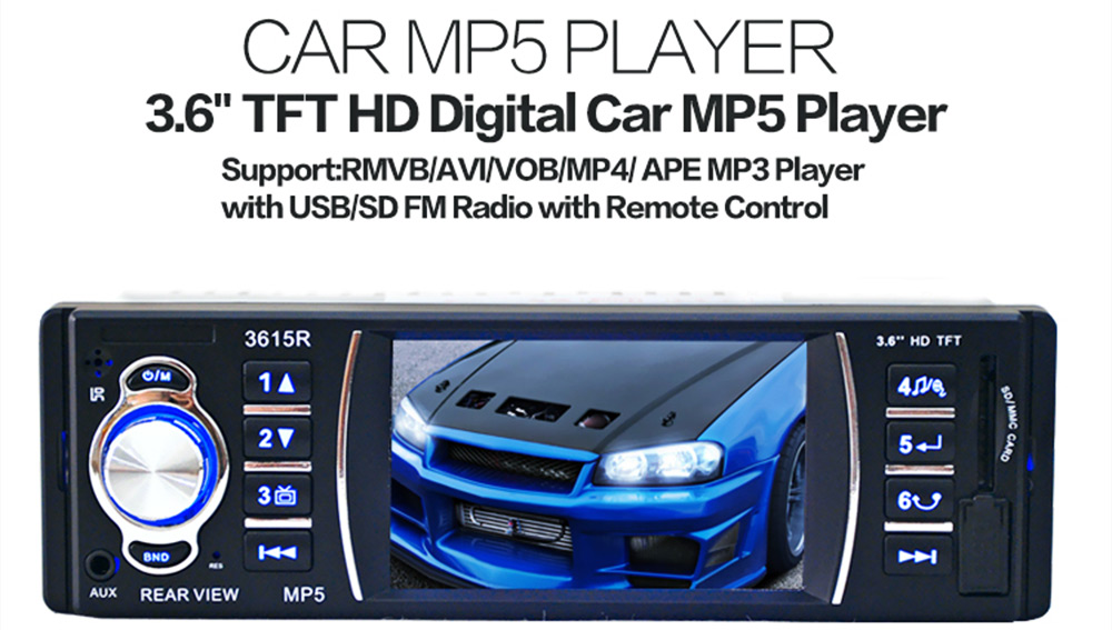 3615R 3.6 inch TFT Screen Rear View Camera Car Audio Stereo 12V Auto Video MP5 AUX FM USB SD MMC Remote Control