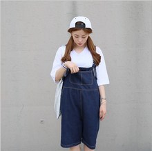 Knee Length Denim Shorts Women Vintage Denim Overalls Jeans Dark Blue Wash Bib Pants Jumpsuit Summer