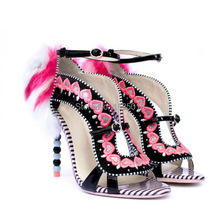 2015 Brand Design Suede Sandal with Embroidered Hearts and Stud Detail with Fur Back & Beaded-heel Women Dress Shoes J202