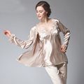 SSH036 Lady Silk Satin Pajama Women Sexy 3 Pieces Pajama Set Sleepwear V neck Top Full