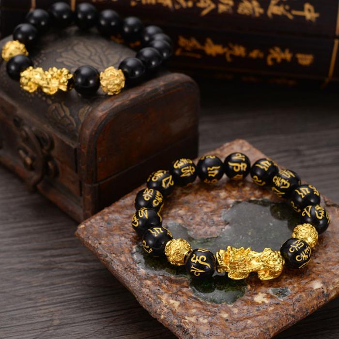DUOVEKT 14mm Natural Black Obsidian Bracelet for Women Pi Xiu Shape Gemstone Crystal Round Beads Stretch Bracelet AAAA