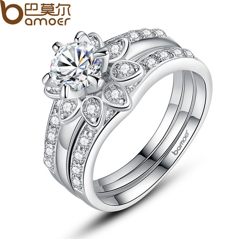 Bamoer Platinum Plated Couple Flower Ring Bridal Set for Women with AAA Cubic Zircon Surround Jewelry