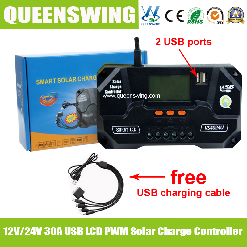 QUEENSWING 12v 24v 30a solar charge controller with lcd usb and free charging cable for solar