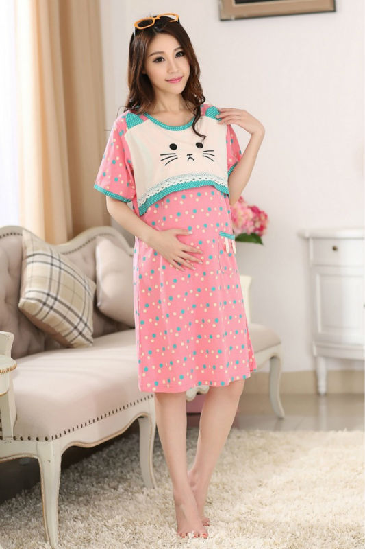 Plus size Kawaii Kitty Pink dots loose pregnant women maternity clothing for breast feeding homecoming dress lactating gowns 11