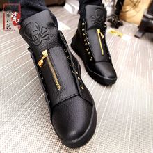 Quality Leather Men’s Casual Shoes 2016 Winter High Top Skull Gold Zipper Design Shoes Hip Hop Skeleton Joggers Zapatillas Homme