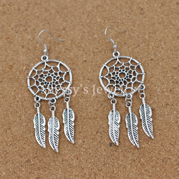 10pcs a lot wholesale Vintage Silver Jewelry Leaves Charms Dream Catcher Earrings Gift For Girls
