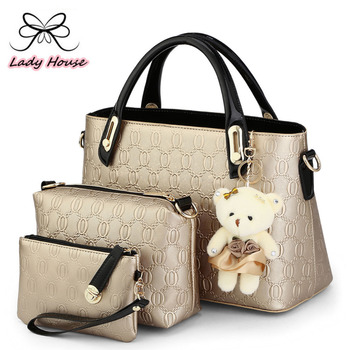 2015 new 3 bagsset with bear toy casual Embossed designer handbags ...