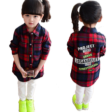 2-14Y Girls Shirts Blouse 2016 Fashion Long Plaid Letter Print Blouse Kids Baby Tops Girls Clothes Kids Children Clothing,SC024