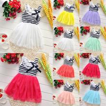 2-6Y Kids Girls Stripe Lace Tutu Dress Brace Bowknot Ruffle Tulle Baby One-piece Dresses