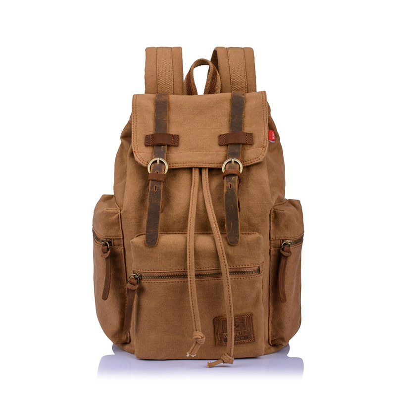 Men Vintage Satchel Canvas Leather Backpack Rucksack bags travel military school Bag men sports outdoor hiking
