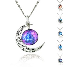 Brand Fashion Jewelry Choker Necklace Glass Galaxy Lovely Pendant Silver Chain Moon Sliver Pendant Necklace