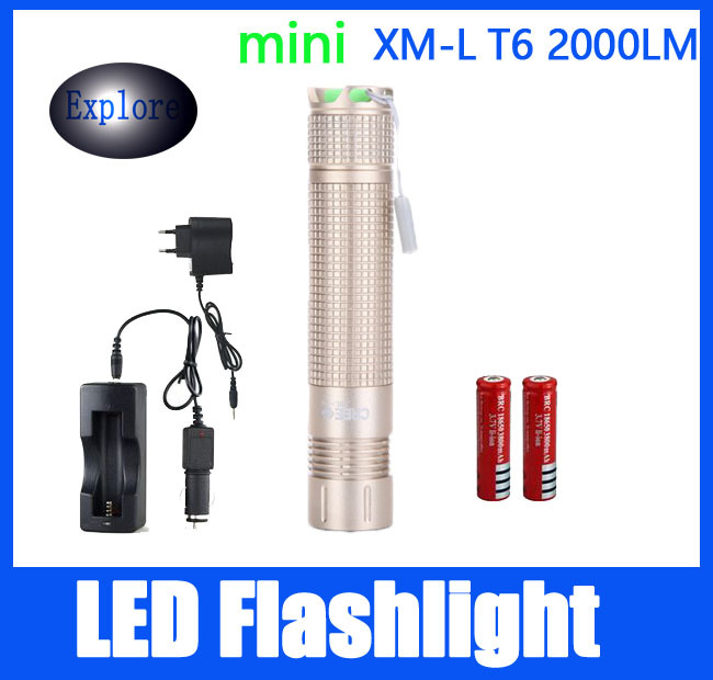Mini Flash Light CREE XML T6 2000 Lumens 5 Modes LED Flashlight Portable Lantern Torch Lamps+2*18650 Battery+DC Charger(US EU)