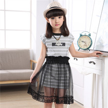 2016 Knee-length Mesh Cotton New Summer Fashion Girls Dress Children Net Yarn Short Sleeve Princess Dresses Kids Party Clothing