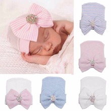 Baby Infant Colorful Striped Cap Hospital Newborn Soft Beanie Bow Rhinestone Hat