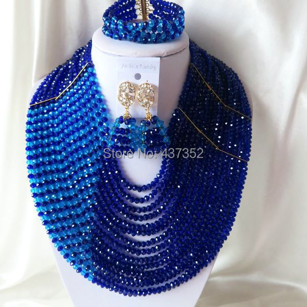 15 layers Royal blue and Turquoise blue Crystal Necklaces Bracelet Earrings Nigerian African Wedding Beads Jewelry Set  CPS-2317