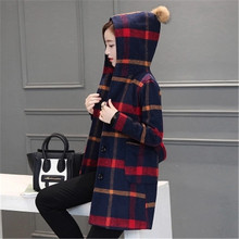New Autumn Winter 2016 Women Fashion Elegant Woolen Hooded Jacket Plaid Loose Big yards England Medium length Woolen Coat G0399