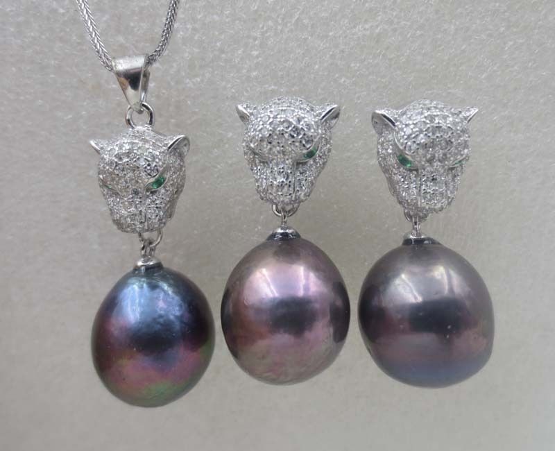 leopard-head-Emerald-eys-14mm-black-Kasumi-pearl-necklace-earring-AAA-sets