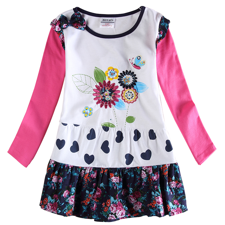 2015 newest design girl dress cotton long sleeve embriodery floral cute style girl dress nova kids ball grown girl dress