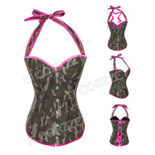 Latex Army Green Jeans Denim Sexy Halter Neck Gothic Waist Training Bustiers & Corsets Women Push Up Overbust Corset Bodice Top