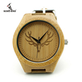 Engraved Buck Head Natural Wood Watch With Genuine Cowhide Leather Band Lovers Luxury Bamboo Customed Watch
