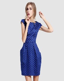 2015-summer-Office-work-wear-big-size-Women-s-vintage-dress-slim-High-quality-Blue-Polka