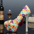 Lace Flower Rhinestone Wedding Shoes Bridal Luxury Crystal Pumps High Heel Shoes Round Toe Pigskin Platform