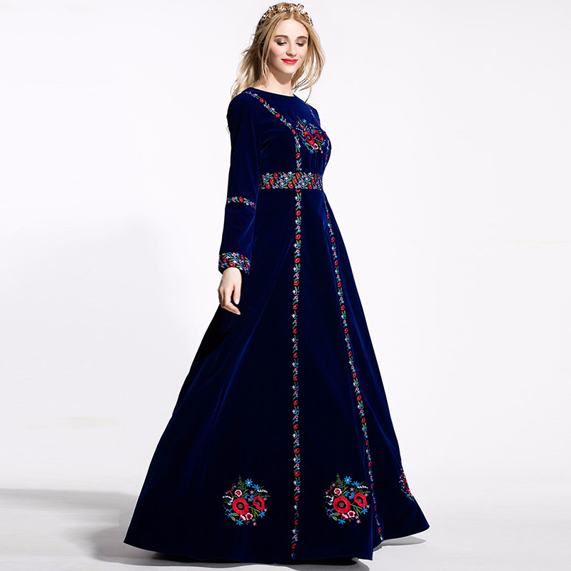 Vintage Dress 2016 Autumn Winter European New Runway Brand Full Sleeve Floor-Length Flower Embroidery Elegant Maxi Dress