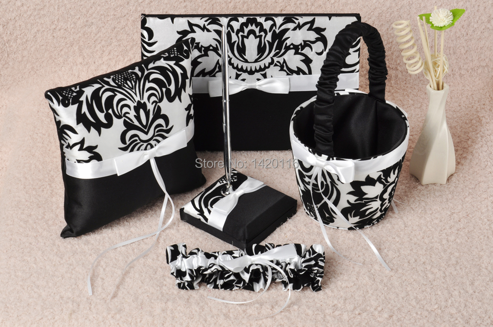 5Pcs/Set  White&Black Wedding Guest Book and Pen Set Ring Pillow Flower Basket Garter GB21